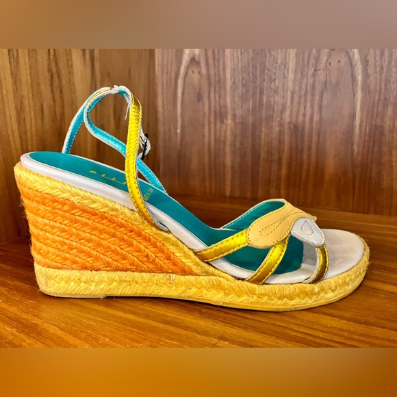 VTG E Made In Italy Colorblock Wedge Espadrilles Sz 37 Cream/Orange/Yellow/Gold - Picture 9 of 16